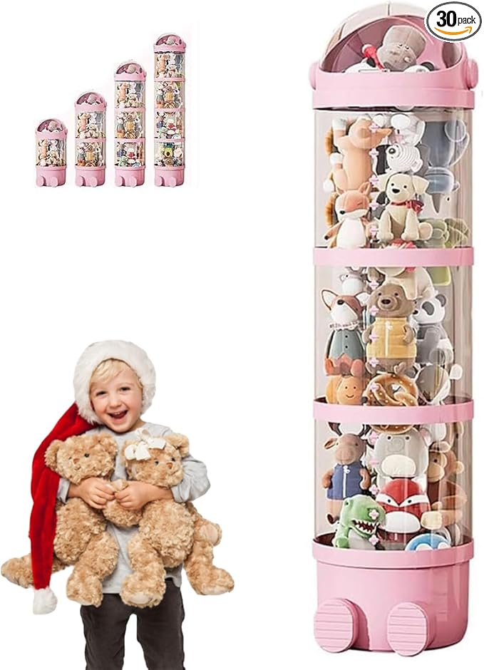 Rotating Toy Storage Tower, 2025 New Tube Storage for Stuffed Animals with Lights, Tube Storage Container with Zipper, Transparent Round Flip Organizer for Plush Toys (Pink-with light, 25.6in) by Unknown