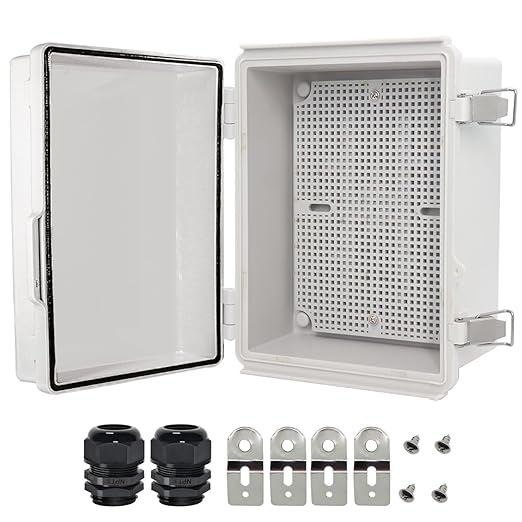 Zulkit Junction Box,IP67 Waterproof Electrical Box Hinged Cover Stainless Steel Latch Plastic Enclosure for Project with Mounting Plate Wall Bracket and 2 Cable Gland Grey 8.7"x6.7"x4.3"/220x170x110mm by Zulkit