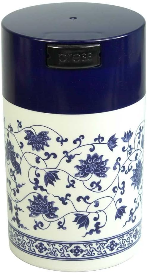 Tightpac Teavac 6-Ounce Vacuum Sealed Tea Storage Container, Blue Cap and White Body/Floral Design by Tightpac+America+Inc.