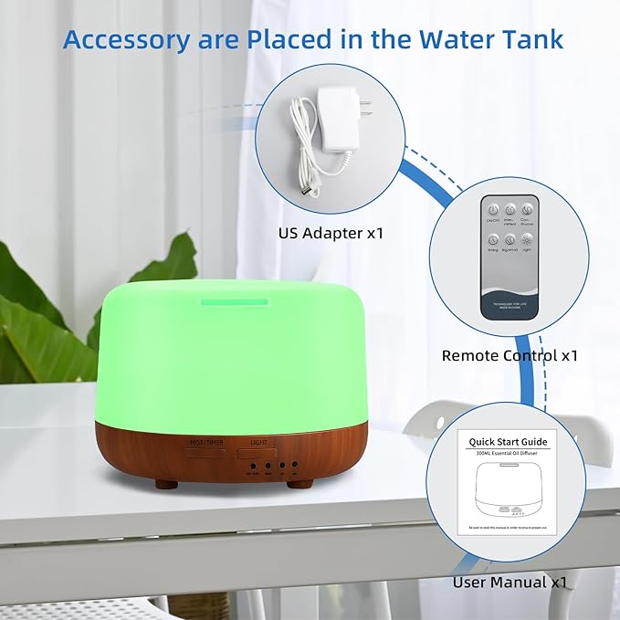 300ML Essential Oil Diffuser Aromatherapy Diffuser, Quiet 8 Hours Operation, 7-Color LED Light, 4 Timer, Remote Control, Auto-Off, Easy to Clean, for Bedroom, Living Room, Office, Home Gifts - Image 7