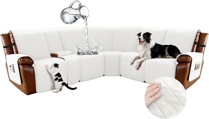 Arfntevss Waterproof Recliner Sectional Couch Covers for Reclining L Shape Sofa Cover Non Slip Washable L Shaped Slipcover Sets for Dog Furniture Protector (5 Seat with 1 Console Cover, Cream White) by Arfntevss