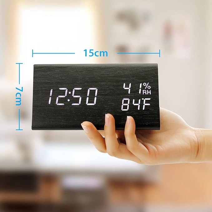 OCT17 Wooden Alarm Clock, Smart LED Digital Clock for Bedroom/desks, Upgraded with Time Temperature, Adjustable Brightness and Voice Control, Humidity Displaying - Black - Image 5