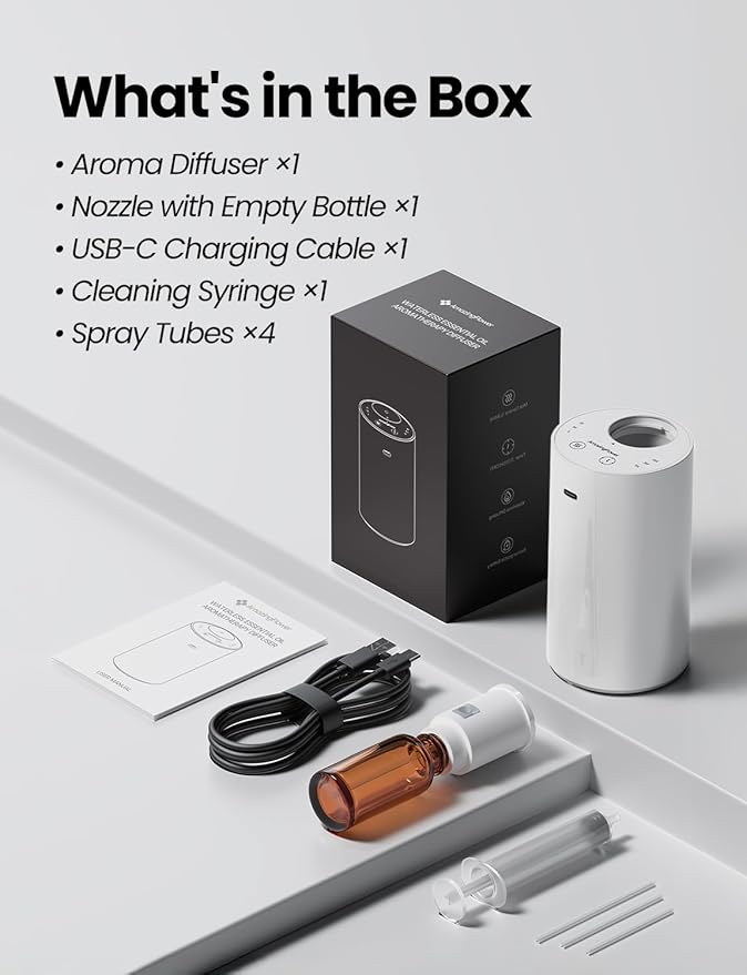 Waterless Essential Oil Diffuser, Portable Aromatherapy Diffuser with 20mL Capacity, Battery Operated Mini Scent Diffuser,3 Mist Levels & Timers, Leak-Free, for Home, Car, Office (White) - Image 8
