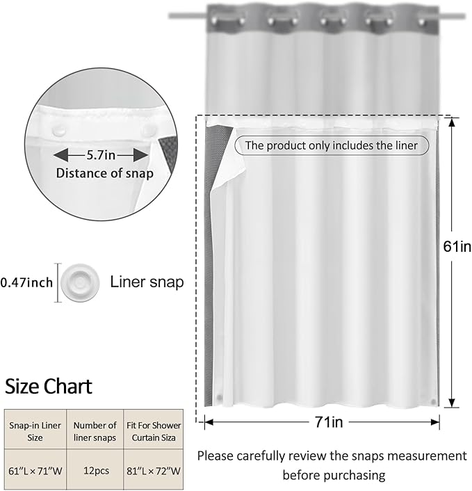 Snap-in Fabric Replacement Liner 71" W x 61" L, for 72" W x 81" L No Hook Shower Curtain - Image 2