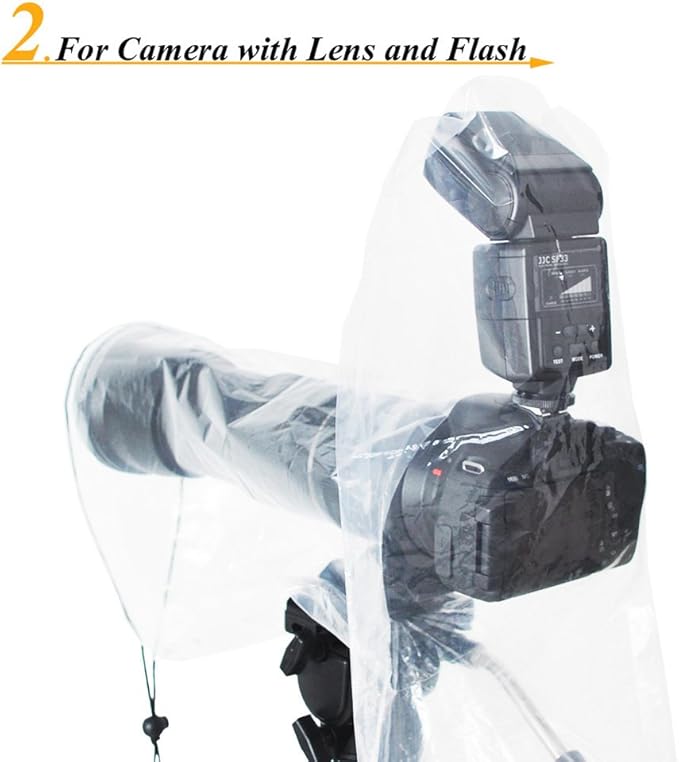 JJC 2 Types DSLR Camera Rain Cover Coat Sleeve Protector for Canon Nikon Fujifilm Sony Olympus Panasonic Pentax Sigma with a Lens & Flash PE Material Clear See-Through(2 Pack) - Image 3