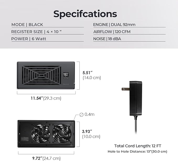 Quiet Register Booster Fan Fits 4" x 10" Register Holes, 10-Speed Smart Heating Cooling AC Vent Fan with Remote Control and Thermostat Control - Black - Image 6