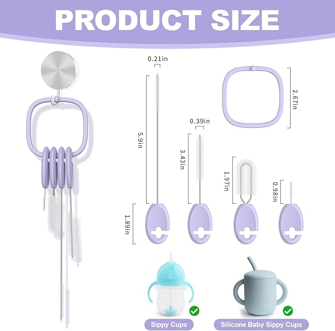 YOTIME Standing Straw Cleaner Brush Set, 4in1 Reusable Straw Brushes with Holder Ring, for Baby Bottles, Sippy Cups and Lids, Purple - Image 2