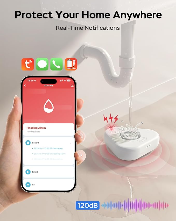 Water Detector Sensor,Water Leak Detectors for Home with App Alerts,Water Alarm with 120db Adjustable Alarm,500ft Transmission for Basement, Bathroom, Laundry, No Hub Required (Support 2.4G) - Image 4