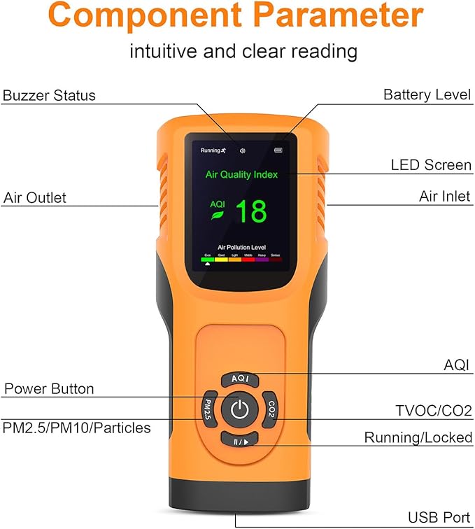 Portable 6-in-1 Air Quality Monitor Indoor Air Quality Tester Air Quality Meter with CO2 TVOC PM2.5 PM10 Particles AQI Detector for Cars Home School Office 3000mAh Battery - Image 6