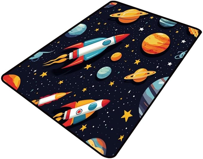 Shag Carpet, Rocket and Planet Pattern Printing Anti-Slip Backing Area Rugs Stain Resistant Washable Accent Rugs Non Shedding Floor Carpet for Living Room Bedroom, 78 x 96 Inch by Snarena