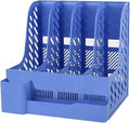 SAYEEC Magazine File Holder with Pen Holder and Storage Case, Plastic Desk Organizer File Folder Holder with 4 Vertical Compartments, Sturdy Desktop Binder Organizer for Office, School, Home (Blue) by SAYEEC