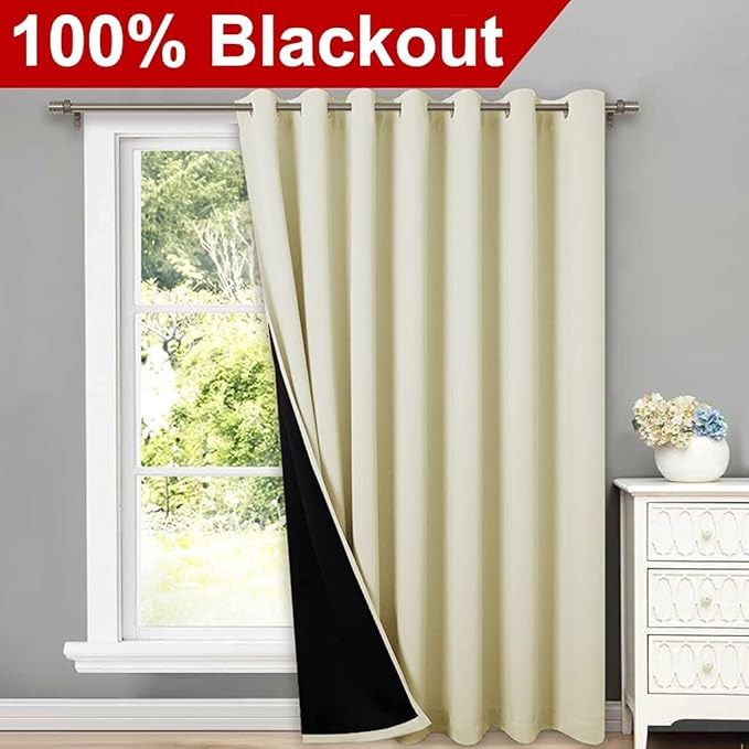 NICETOWN Thermal Insulated 100% Blackout Curtains, Noise Reducing Performance Slider Curtain Panel with Black Lining, Full Light Blocking Patio Door Drapery (Beige, 1 PC, 100-inch x 84-inch) - Image 2
