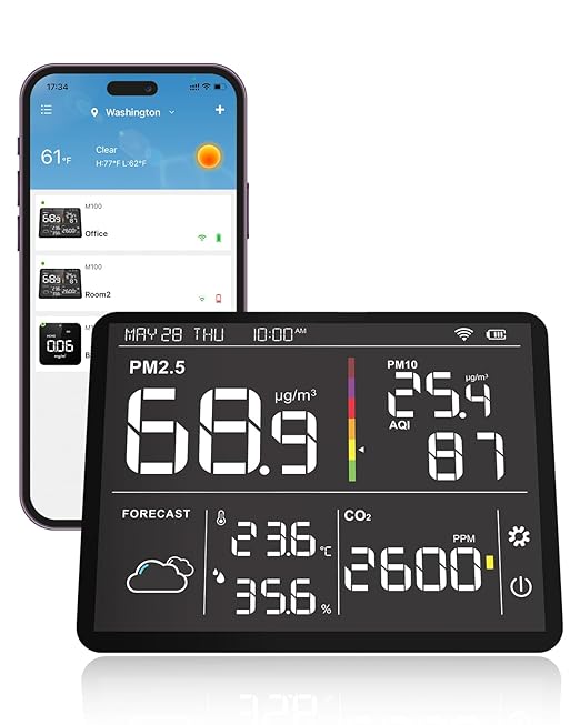 Temtop Air Quality Monitor Indoor PM2.5 CO2 Detector, 8-in-1 Smart Air Quality Weather Station with PM2.5 PM10 CO2 Temperature Humidity Sensor Weather Forecast for Home by Temtop