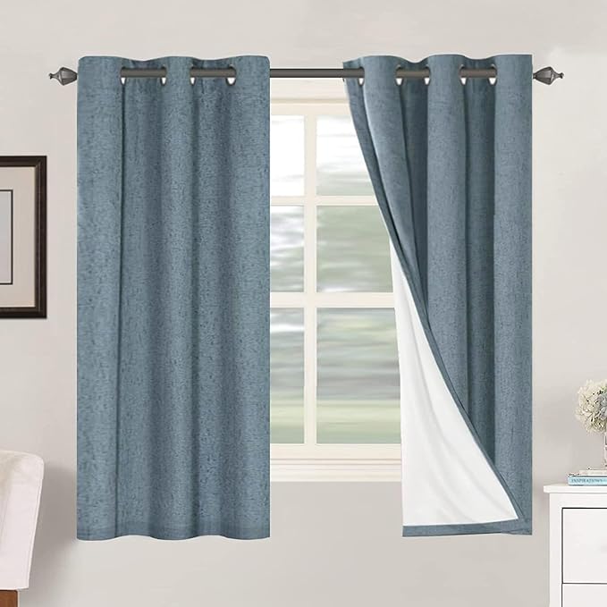 H.VERSAILTEX Primitive Linen Curtains 100% Blackout Curtain Drapes Burlap Curtains with White Thermal Insulated Liner, Grommet Top Drapes Living Room/Bedroom (2 Panels, 42 x 63 Inch, Stone Blue) by HVERSAILTEX