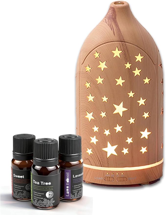 Essential Oil Diffuser,7.1''x3.5'' Diffusers with 3 Aromatherapy Oils Set,Small 200ml Desk Humidifier with 7 LED Colors Night Lights,Waterless Auto-Off for Office Home Decor Gift (Star) by Unknown
