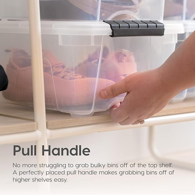 IRIS USA 32 Qt Stackable Plastic Storage Bins with Lids, 4 Pack - BPA-Free, Made in USA - See-Through Organizing Solution, Latches, Durable Nestable Containers, Secure Pull Handle - Clear - Image 4