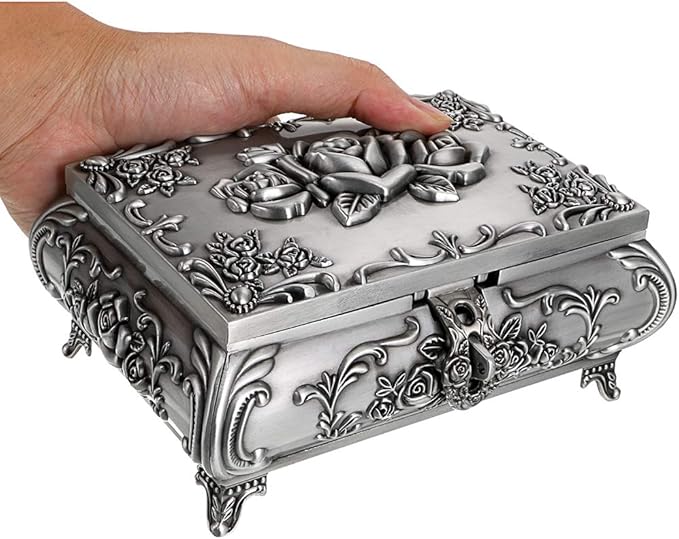 Hipiwe Vintage Metal Jewelry Box Small Trinket Jewelry Storage box For Rings Earrings Necklace Treasure Chest Organizer Antique jewelry Keepsake gift Box Case for Women (Large) - Image 5