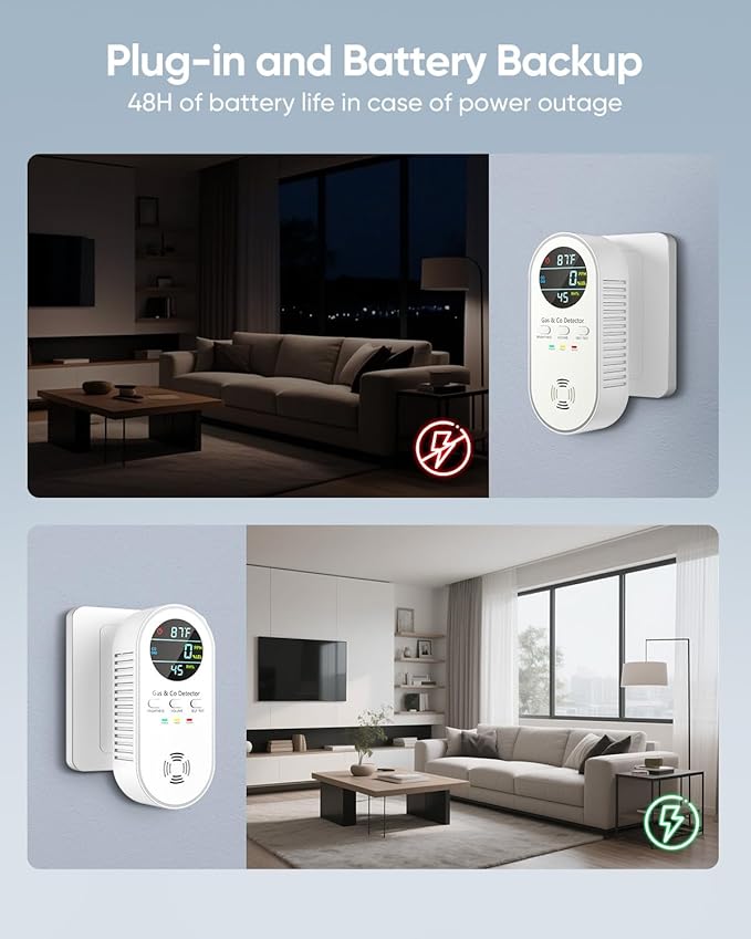 5-in-1 Carbon Monoxide Detectors, Natural Gas Leak Detector, Plug-in & Battery Backup Co Detector, HD Digital Display, CO Gas Temp Humidity Sensor Vilfet, 2-Pcs, White - Image 3