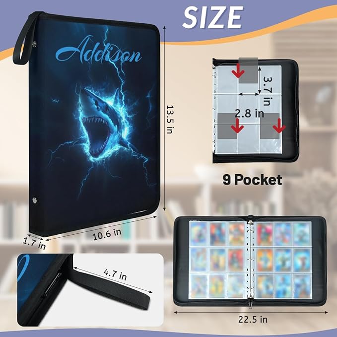 Custom Shark Card Binder, 9-Pocket Trading Card Binder, Personalized Card Holder Fits 900 Cards with 50 Sleeves, Storage Album Case for TCG, MTG, Sports Cards - Image 3