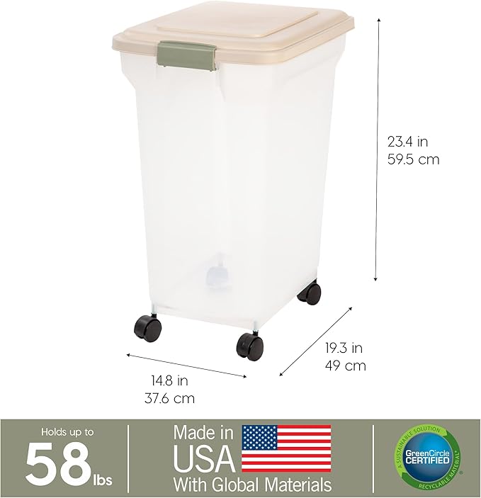 IRIS USA 58 Lbs / 67 Qt WeatherPro Airtight Pet Food Storage Container with Attachable Casters, For Dog Cat Bird and Other Pet Food Storage Bin, Keep Fresh, Translucent Body, Almond/Clear - Image 3