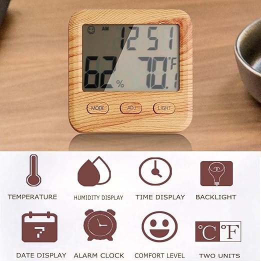 Digital Hygrometer Indoor Thermometer, Temperature Humidity Gauge with Desk Clocks for Bedroom Office,Backlit Accurate Monitor Clear Reading,Time Display Room Thermometer for Home Greenhouse Wooden - Image 2
