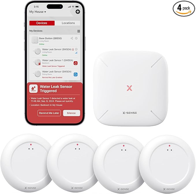 X-Sense Wi-Fi Water Leak Detector Kit, Smart Water Sensor Alarm with App Alerts and Ultra-Slim Design, Water Alarm Leak Detector for Basements, 4 Water Sensors and 1 Base Station, Model SWS0A41 by X-Sense