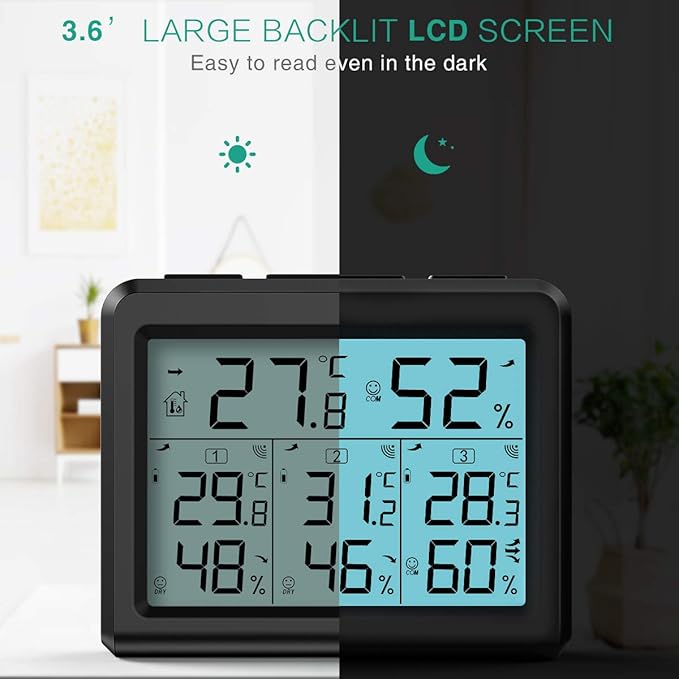 ORIA Indoor Outdoor Thermometer, Digital Hygrometer Thermometer with 3 Wireless Sensors, Temperature Humidity Monitor Meter with LCD Backlight, for Home, Office, Bedroom, Black - Image 2