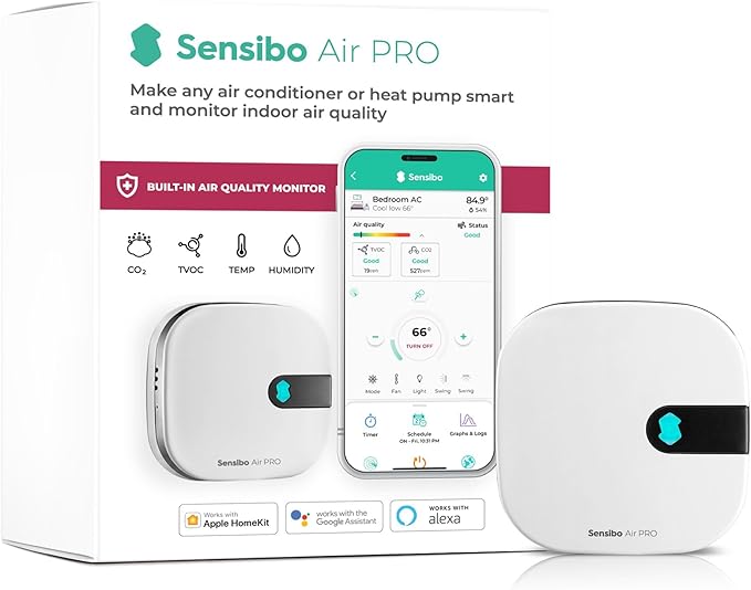 Sensibo Air PRO - Air Conditioner Smart Controller & Air Quality Sensor. Smart Thermostat for Mini Split, Window, Portable AC. Temp & Humidity Sensors. Google, Alexa, Siri & Apple HomeKit Compatible by Sensibo