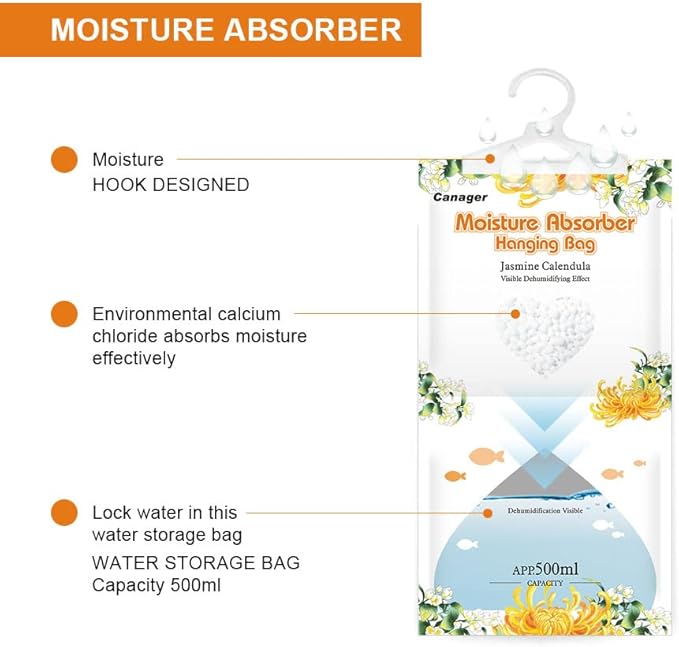 CANAGER Hanging Moisture Absorber, Jasmine Calendula Moistureproof Hanging Bag，Dehumidifier Bag (8 packs) Hanging Closet Dehumidifier Bags, Moisture Absorb 12.5 oz - Image 3