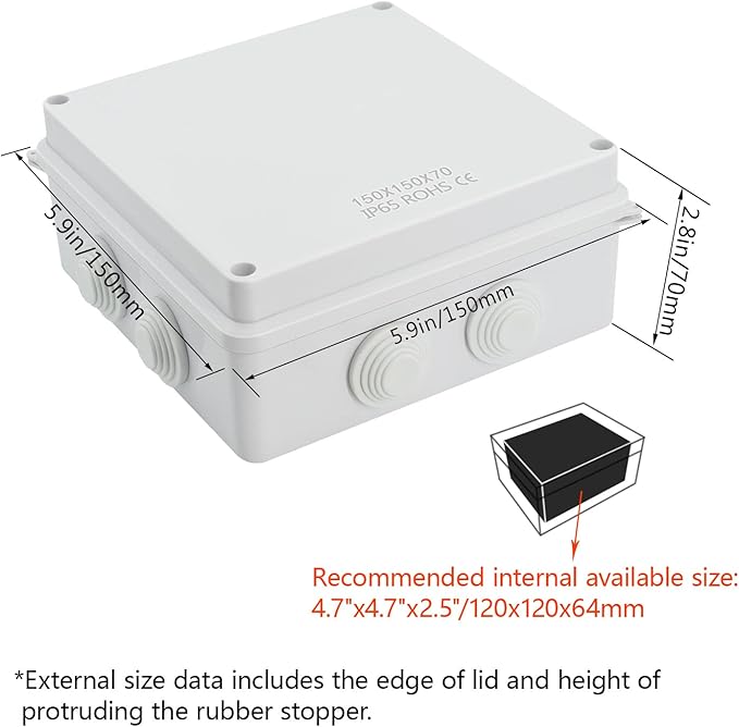 LeMotech ABS Plastic Dustproof Waterproof IP65 Junction Box Universal Electrical Project Enclosure White 5.9 x 5.9 x 2.8 inch (150 x 150 x 70 mm) - Image 2