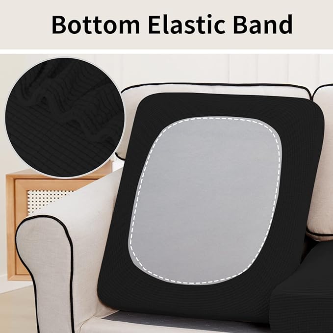 Easy-Going Stretch Individual Chair Couch Cushion Cover Sofa Cushion Furniture Protector Sofa slipcover Soft Flexibility with Elastic Bottom (3-Piece Sofa Cushion Cover, Black) - Image 4