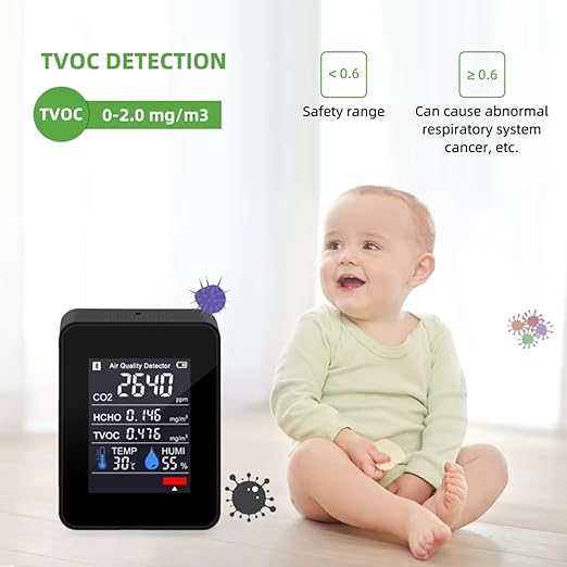 Air Quality Test Kit Monitor,Real Time Smart Colorful Display Clear Intelligent Alarm System Portable Detector for Office Home Bedroom(Black) - Image 6