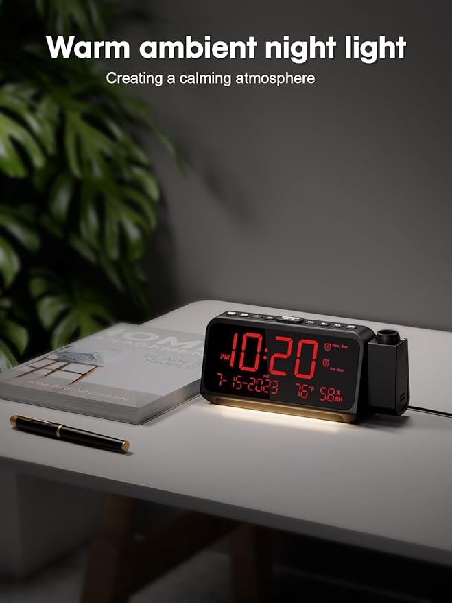 ROCAM Projection Clock for Bedroom, Digital Clock with 180° Projector on Ceiling with 5-Level Dimmer, Dual Loud Alarm Clock with Weekend/Weekday Mode, Date, Temp, Humidity, Night Light, Snooze - Image 8