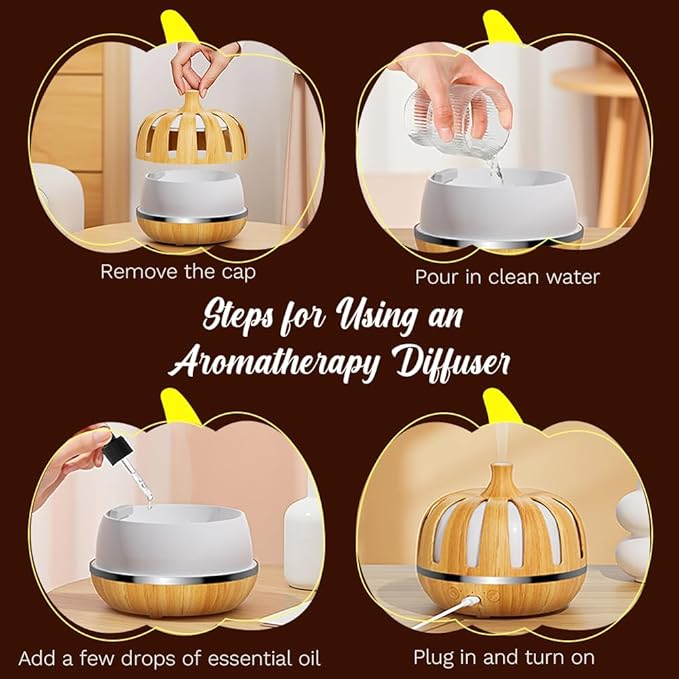 Essential Oil Diffuser 300ml for Home Bedroom, Aromatherapy Oil Diffuser with 3H 6H Timer, 7 Color Light, USB Type-C, Pumpkin Design, Auto Shut-Off(Light Woodgrain, Pumpkin) - Image 5