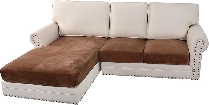 H.VERSAILTEX Velvet Stretch Sectional Couch Covers 3 Pieces Sofa Seat Cushion Covers L Shape Separate Cushion Couch Chaise Cover for Both Left/Right Couch (Large Sofa 2 Seater + 1 Chaise, Caramel) by HVERSAILTEX