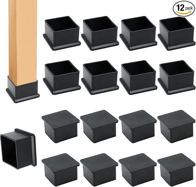 12PCS Square Chair Leg Caps 1-1/2" x 1-1/2" Square Black Furniture Foot Table Chair Leg End Cap, Anti-Slip Chair Leg Floor Protectors, Black by suiwotin