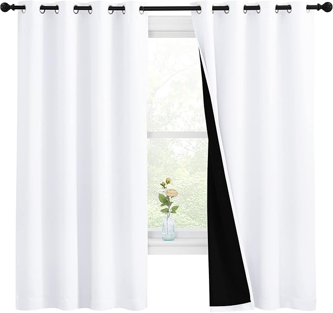 NICETOWN White 100% Blackout Lined Curtains, 2 Thick Layers Completely Blackout Window Treatment Thermal Insulated Drapes for Kitchen/Bedroom (1 Pair, 55 inches Width x 68 inches Length Each Panel) by NICETOWN