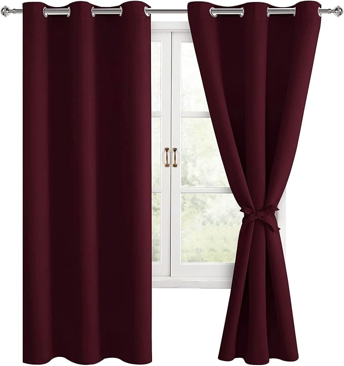 Hiasan Blackout Curtains for Bedroom, 42 x 72 Inches Long - Thermal Insulated & Light Blocking Window Curtains for Living Room Christmas Decor, 2 Drape Panels Sewn with Tiebacks, Burgundy - Image 2