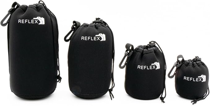 REFLEX CAMERA Drawstring Camera Lens Pouches 4 Pack (S/M/L/XL) Thick Padded Pouch Set for Maximum Protection Waterproof Shockproof Dust Resistant Neoprene Cases for Canon, Nikon, Pentax, Sony, Olympus by ReflexCamera