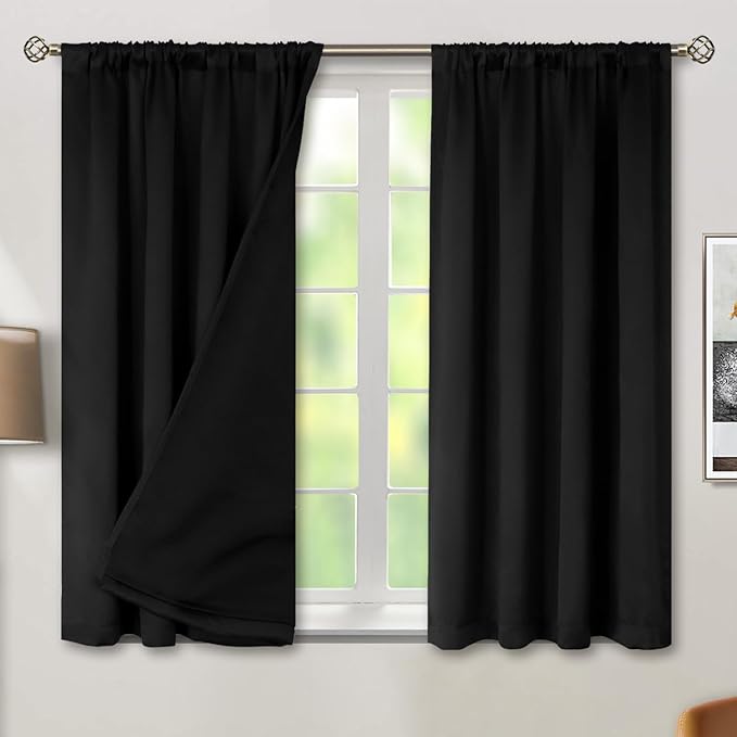 BGment Black Blackout Curtains for Bedroom 2 Panels, Rod Pocket Bedroom Curtains Double Layer 100% Room Darkening Thermal Insulated Window Curtains with Black Liner, Each 52 x 45 Inch by BGment