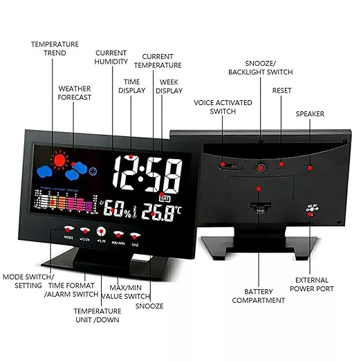 ikaufen Weather Station Wireless Indoor Thermometer Temperature Desk Digital Alarm Clock Weather Thermometer LED Temperature Humidity Monitor - Image 3