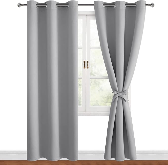 Hiasan Blackout Curtains for Bedroom, 38 x 84 Inches Long - Thermal Insulated & Light Blocking Window Curtains for Living Room, 2 Drape Panels Sewn with Tiebacks, Silver Grey by Hiasan