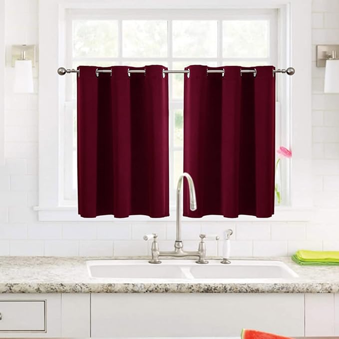 ChrisDowa Small Window Curtains for Kitchen and Bedroom - Grommet Short Thermal Insulated Room Darkening Curtains (2 Panels, Burgundy Red, 42 x 36 Inch) - Image 2