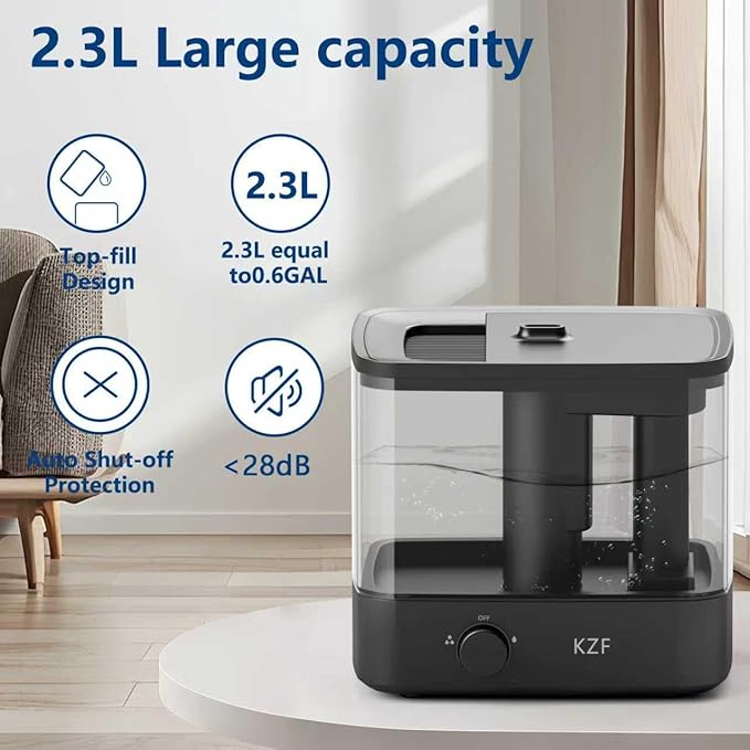 KZF 2.3L Top-Fill Cool Mist Humidifier – Whisper-Quiet, Up to 30 Hrs Runtime, Auto Shut-Off, Ideal for Bedroom, Baby Nursery & Plants - Image 2