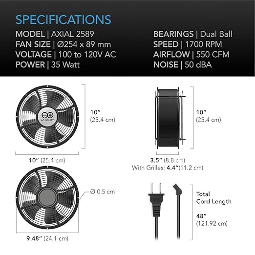 AC Infinity AXIAL 2589, Muffin Fan 10", 120V AC Ø254mm x 89mm High Speed, for DIY Cooling Ventilation Exhaust Projects - Image 6