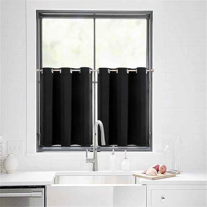 ChrisDowa Small Window Curtains for Kitchen and Bedroom - Grommet Short Thermal Insulated Room Darkening Curtains (2 Panels, Black, 34 x 36 Inch) - Image 2