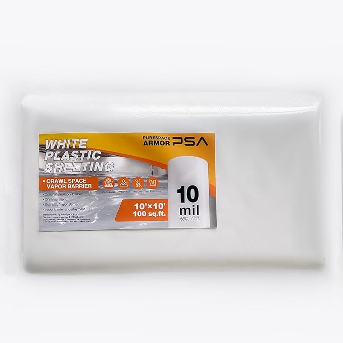 Crawl Space Vapor Barrier, 10mil Film, 10'x10', White Plastic Sheeting - Thick Plastic Sheeting, Heavy Duty Polyethylene Film, Drop Cloth Vapor Barrier Covering for Crawl Space, Garden, Basement by PureSpaceArmor