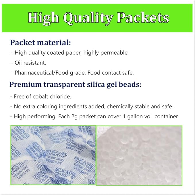 Silica Gel Packs 100 Packets 2 Gram Desiccant Moisture Absorber Oil Resistant for Food Storage Safes - Image 2
