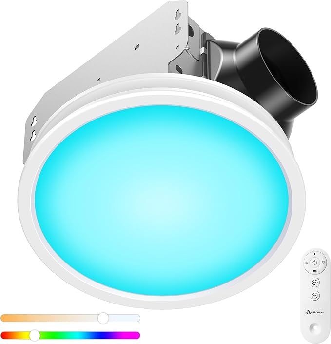 Bathroom Exhaust Fan with RGB Lights, 110CFM/1.0 Sones Vent Fan with 3 Color Temperatures, 5 Adjustable Brightness, Easy to Install, Remote Control, Quiet Ventilation Fan for Bath, Shower, Attic by Unknown