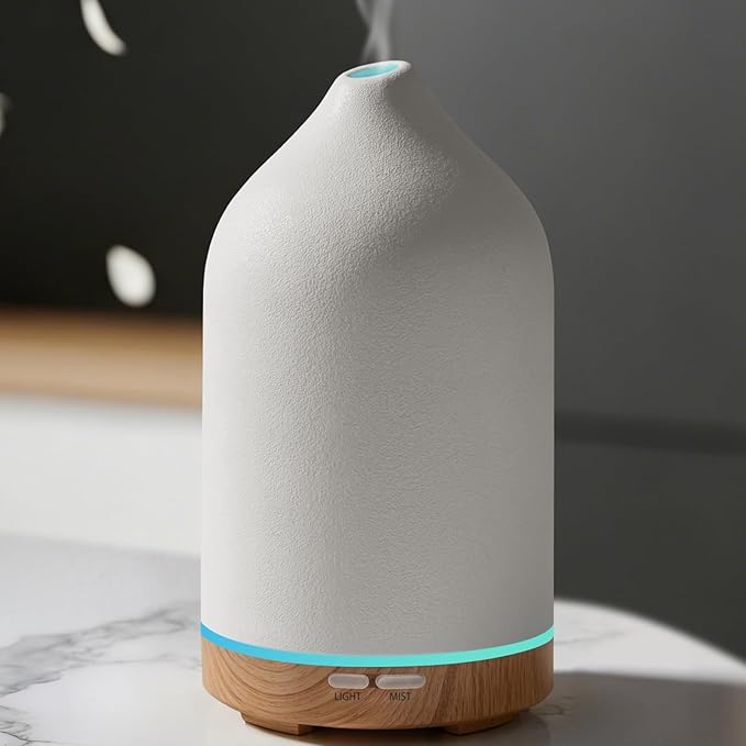 URPOWER 120ML Ceramic Essential Oil Diffuser Ultrasonic Aromatherapy Diffuser with Wood Grain Base, 7-Color LED Lights Auto Shut-Off, Humidifier for Home & Office, Air Diffuser for Relaxation by URPOWER